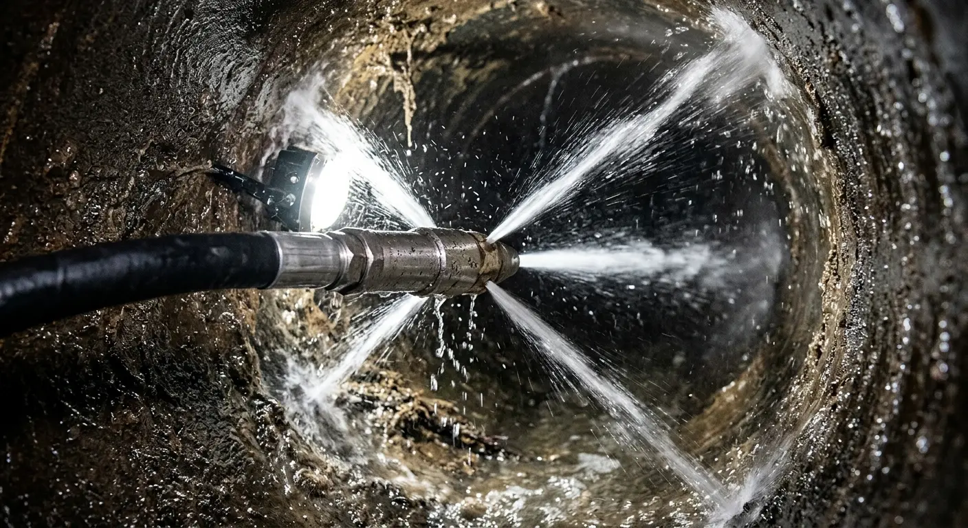 High-pressure hydro jetting nozzle cleaning sewer pipe for Trenchless Sewer Repair in Summerfield