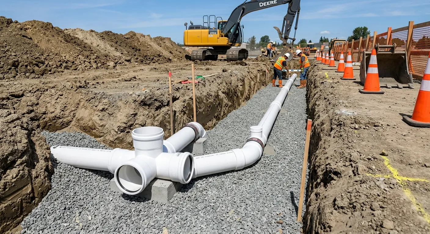 New PVC sewer pipe installation in open trench for Commercial Drain Cleaning in Summerfield