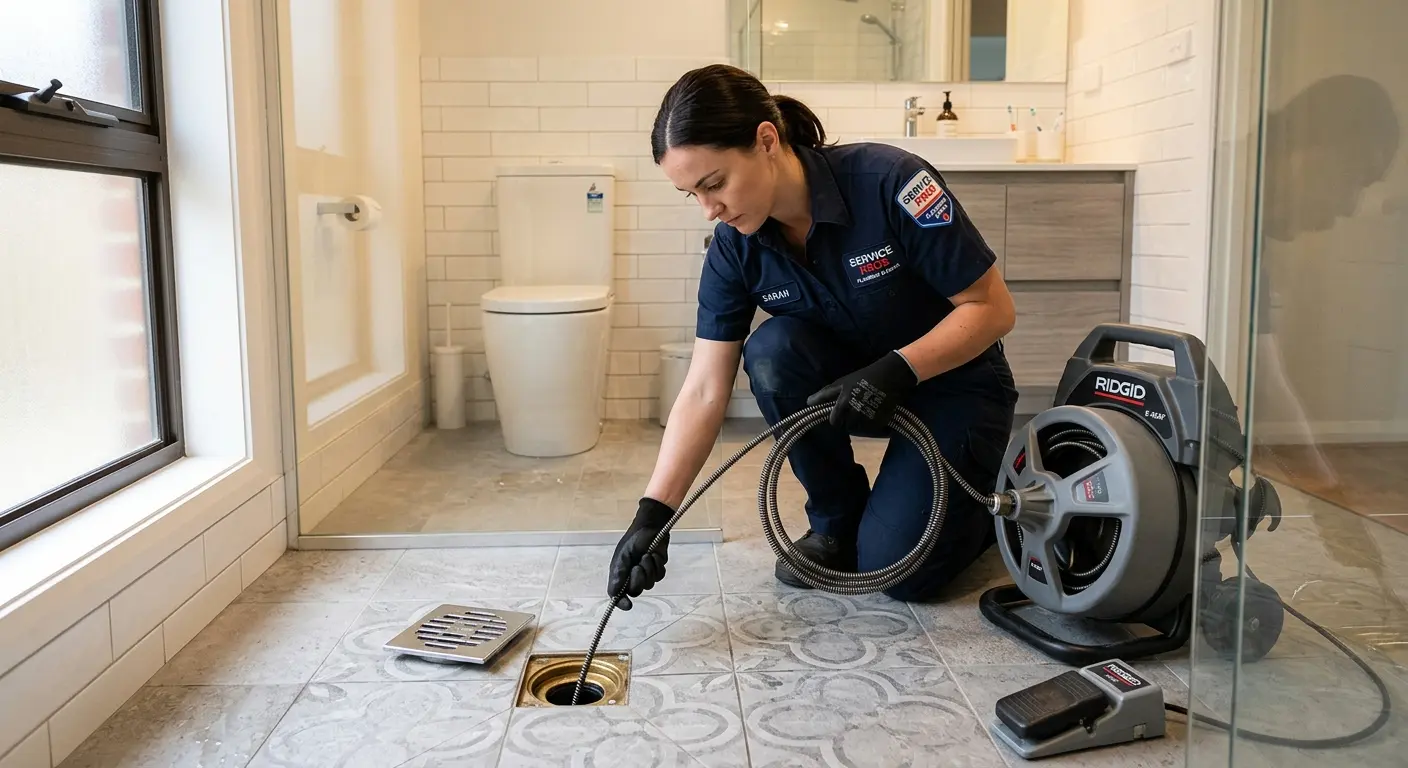 Technician clearing a bathroom floor drain for Clogged Drain Repair in Summerfield